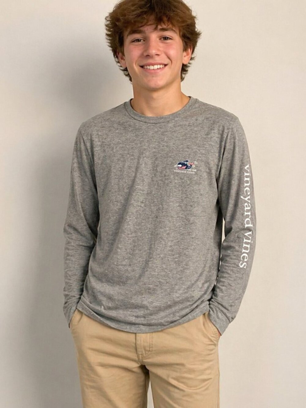 Vineyard Vines Boys Ski Whale Long Sleeve Tee L 16 Gray Pocket Logo